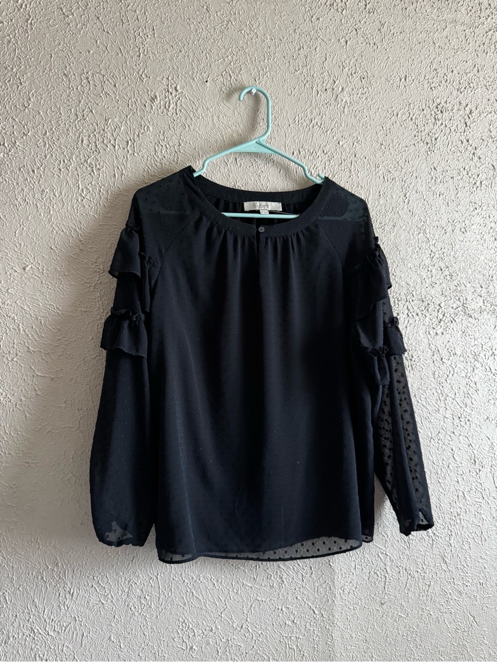 LOFT Black Swiss Dot Ruffle Sleeve Blouse